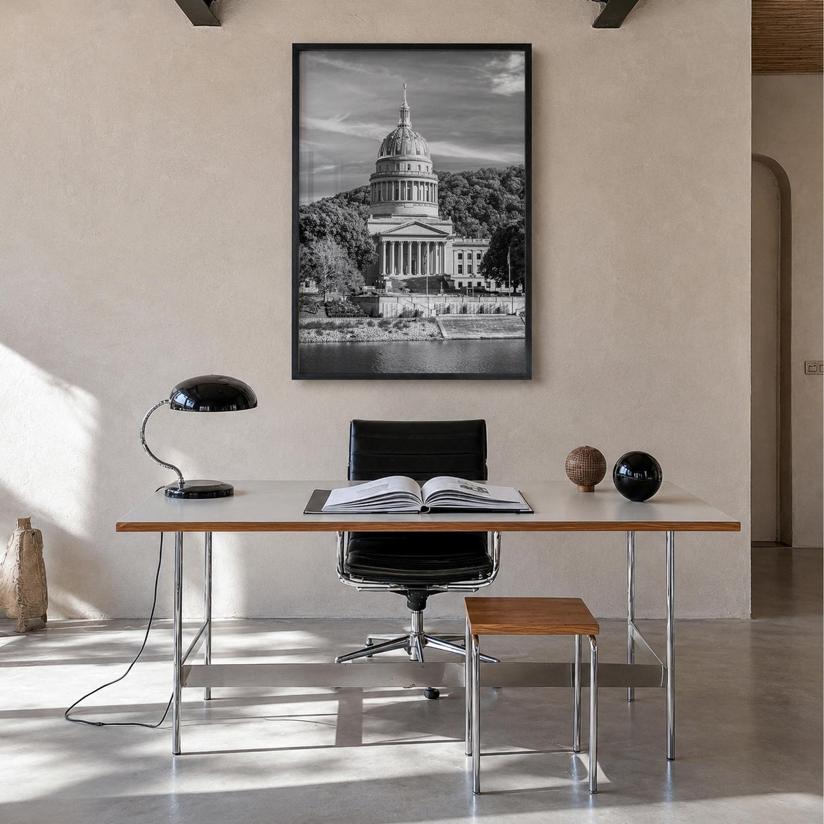 West Virginia black & white photo poster of United States – vertical wall art in black wood frame, hanging on wall
