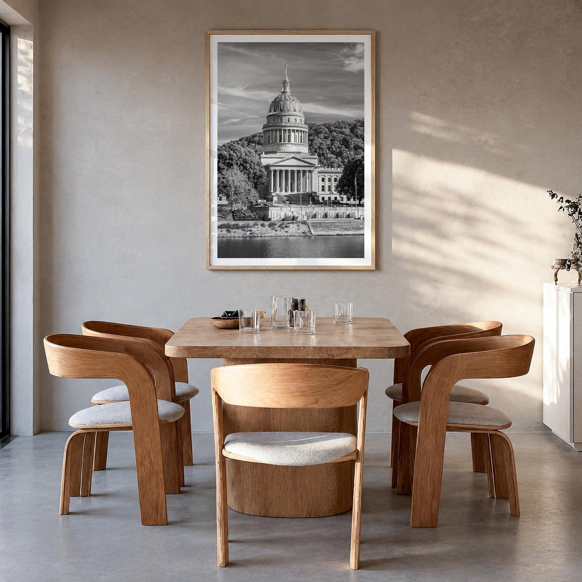 West Virginia black & white photo poster of United States – vertical wall art in natural wood frame with white border, hangin