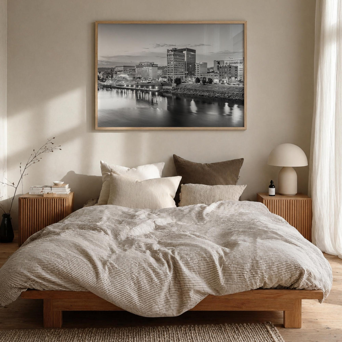 West Virginia black & white photo poster of United States – horizontal wall art in natural wood frame, hanging on wall