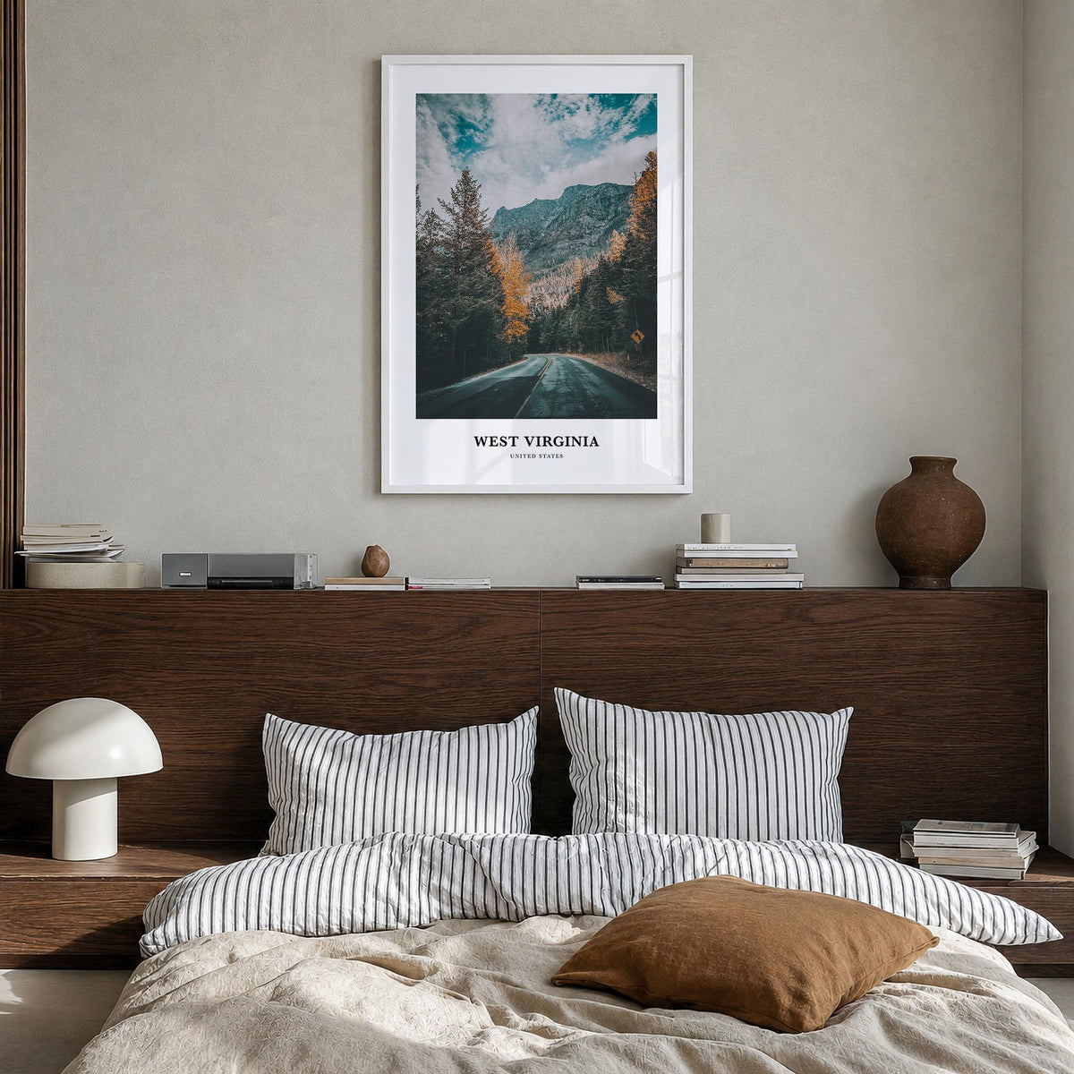 West Virginia colorful classic poster of United States – vertical wall art in white wood frame, hanging on wall