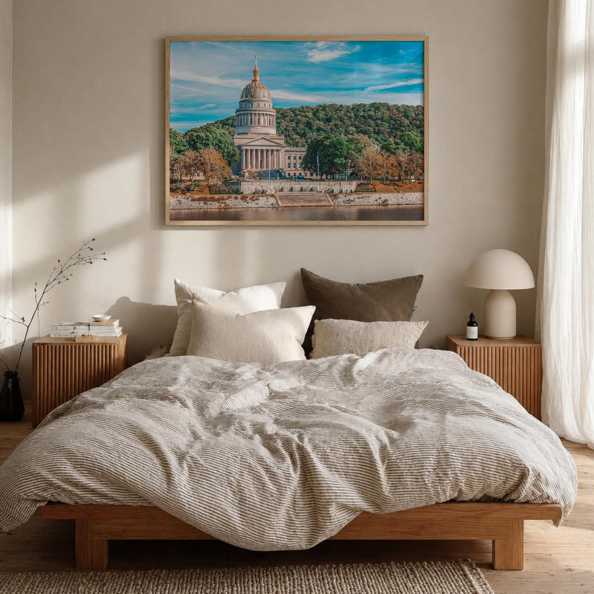 West Virginia colorful photo poster of United States – horizontal wall art in natural wood frame, hanging on wall