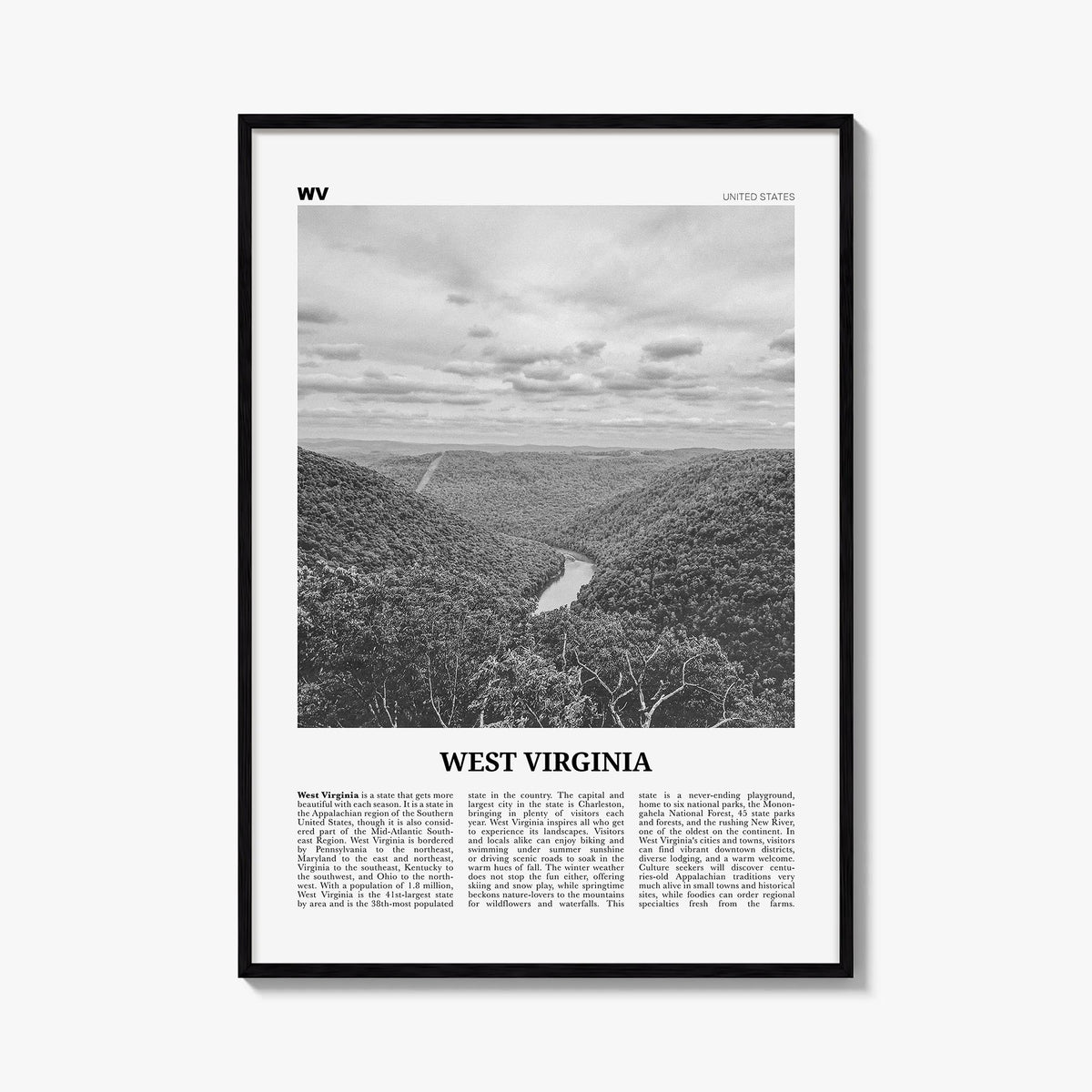 West Virginia no. 1 black & white newspaper poster of United States – vertical wall art, unframed print shown in interior moc