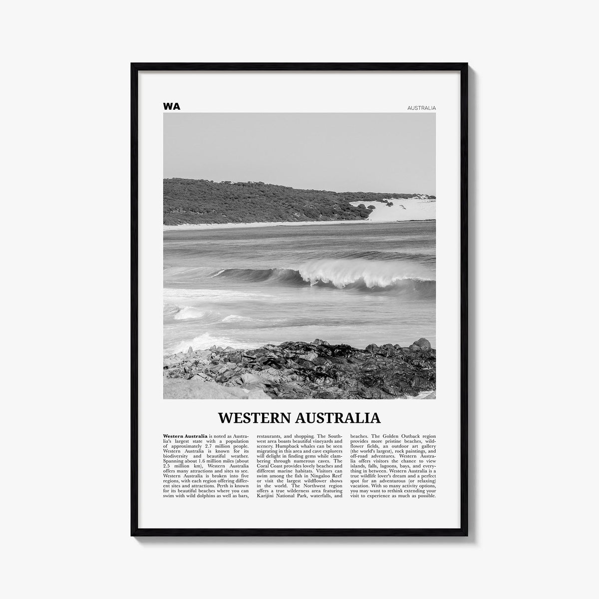 Western Australia black & white newspaper poster of Australia – vertical wall art, unframed print shown in interior mockup