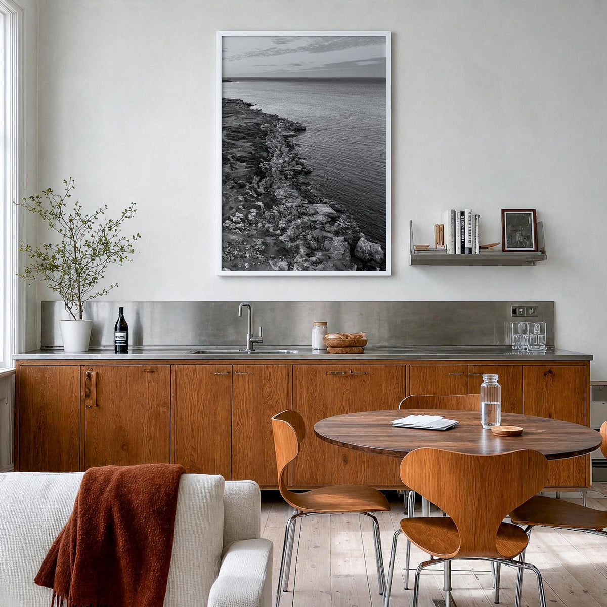 Western Australia black & white photo poster of Australia – vertical wall art in white wood frame, hanging on wall
