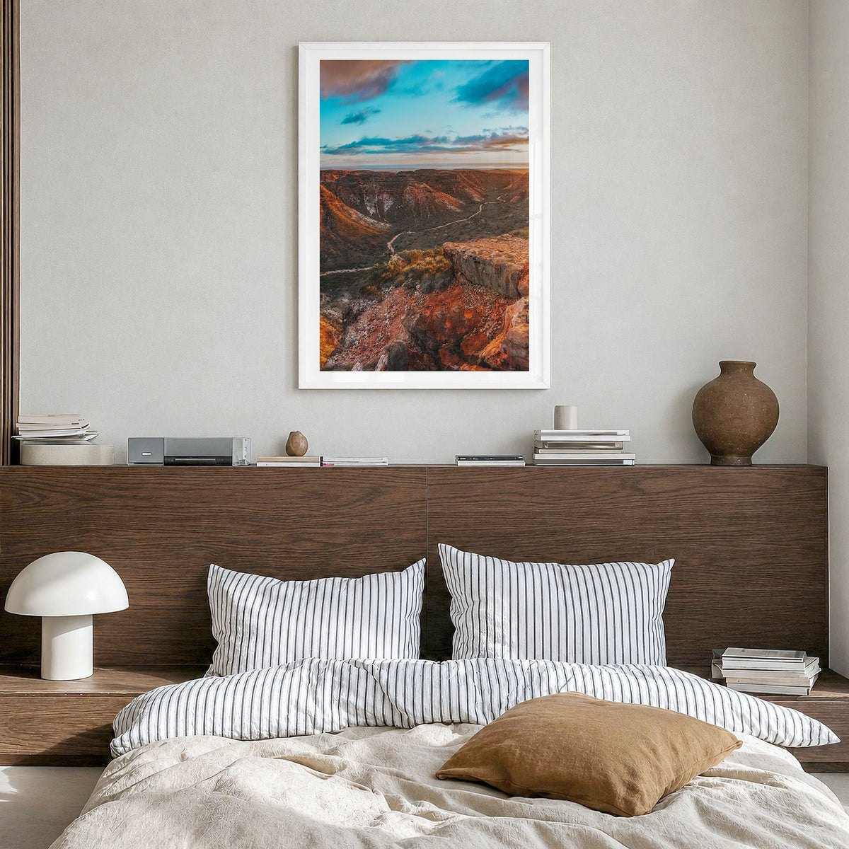 Western Australia Photo Poster in a white wood frame, hanging in a bedroom, white border