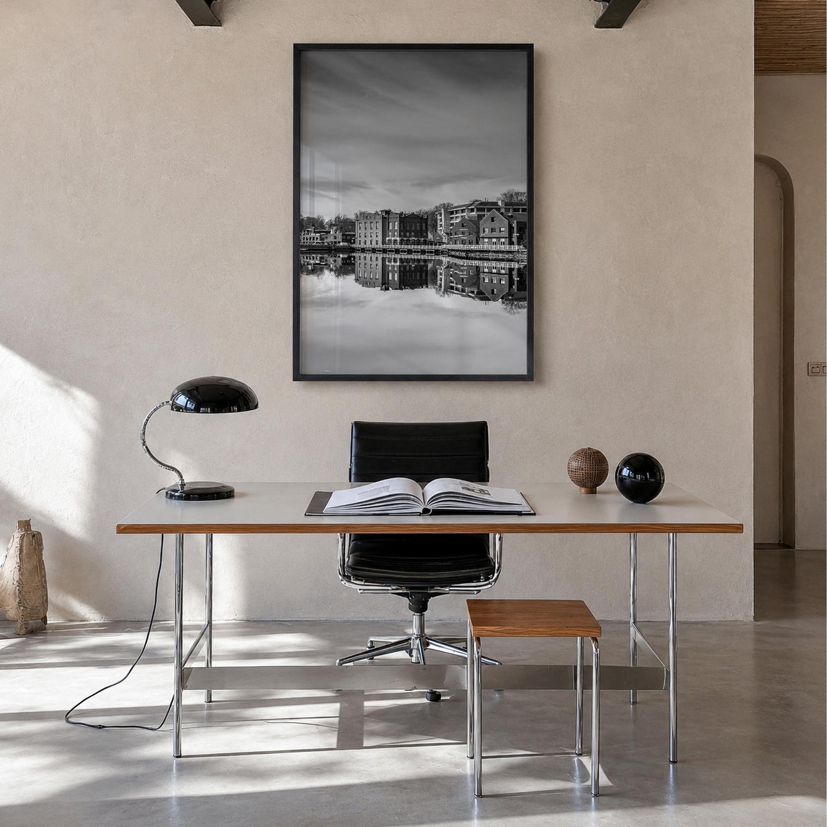 Westport, Connecticut black & white photo poster of Connecticut, USA – vertical wall art in black wood frame, hanging on wall