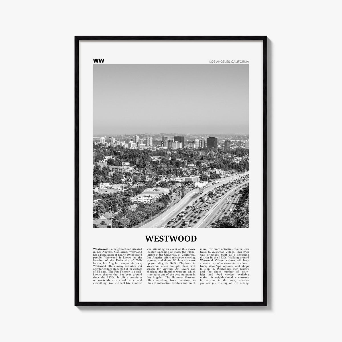 Westwood black & white newspaper poster of Los Angeles, California – vertical wall art, unframed print shown in interior mock