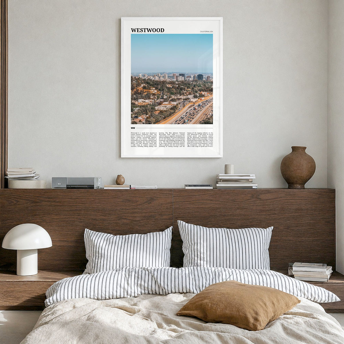 Westwood Travel Poster in a white wood frame, hanging in a bedroom