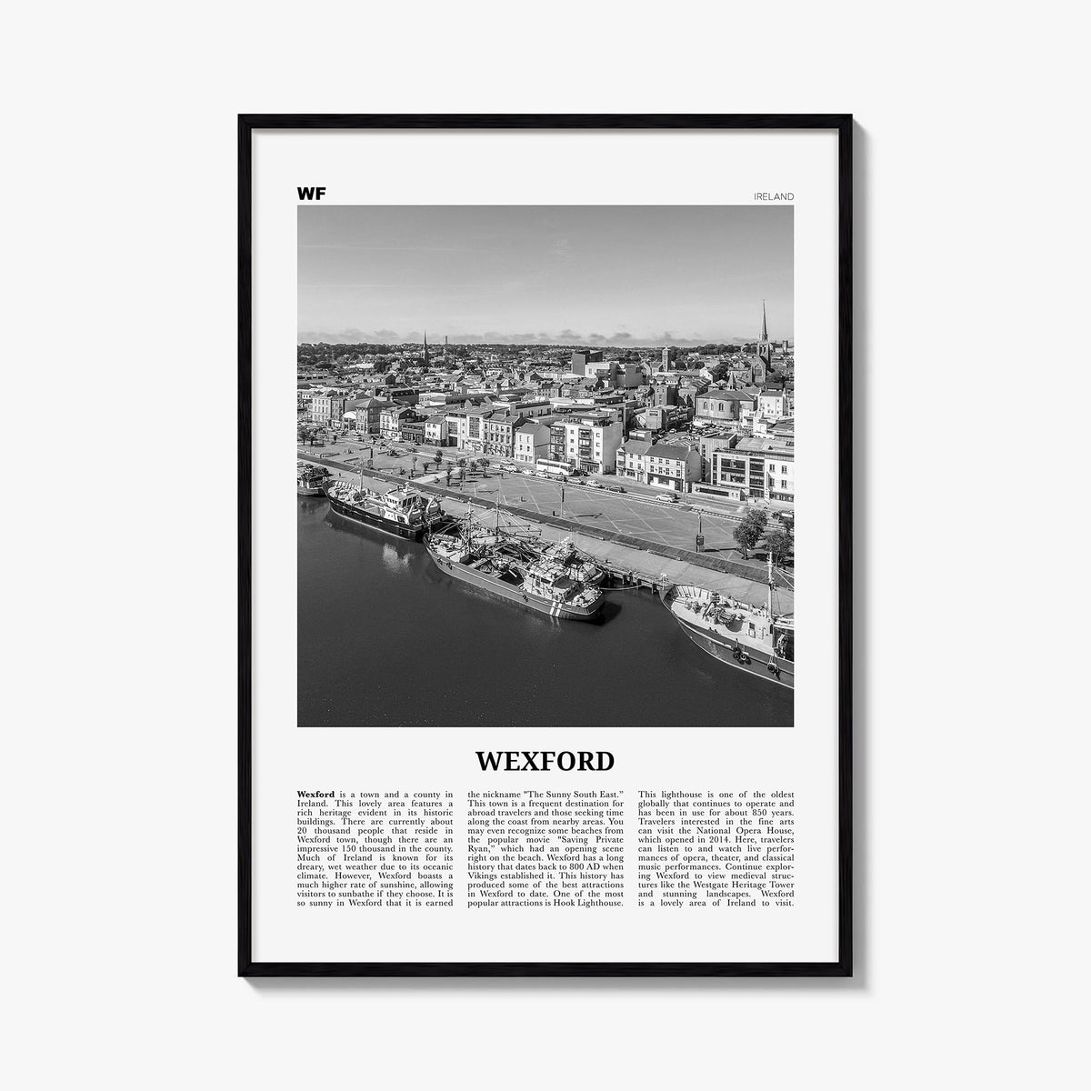 Wexford black & white newspaper poster of Ireland – vertical wall art, unframed print shown in interior mockup