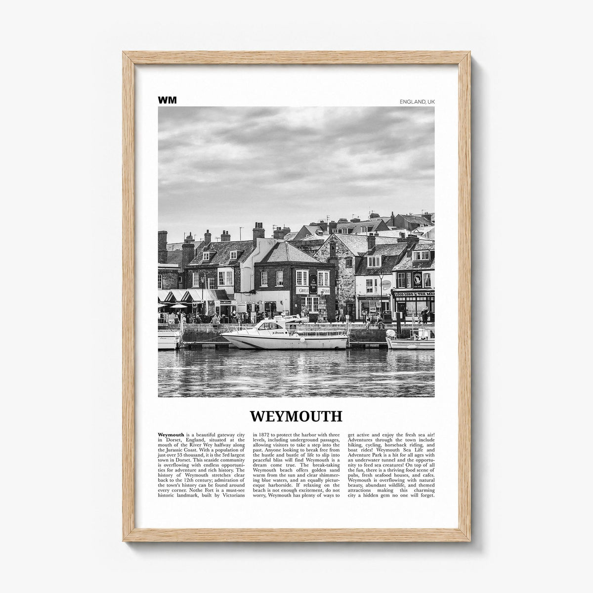 Weymouth Newspaper Poster in a natural wood frame