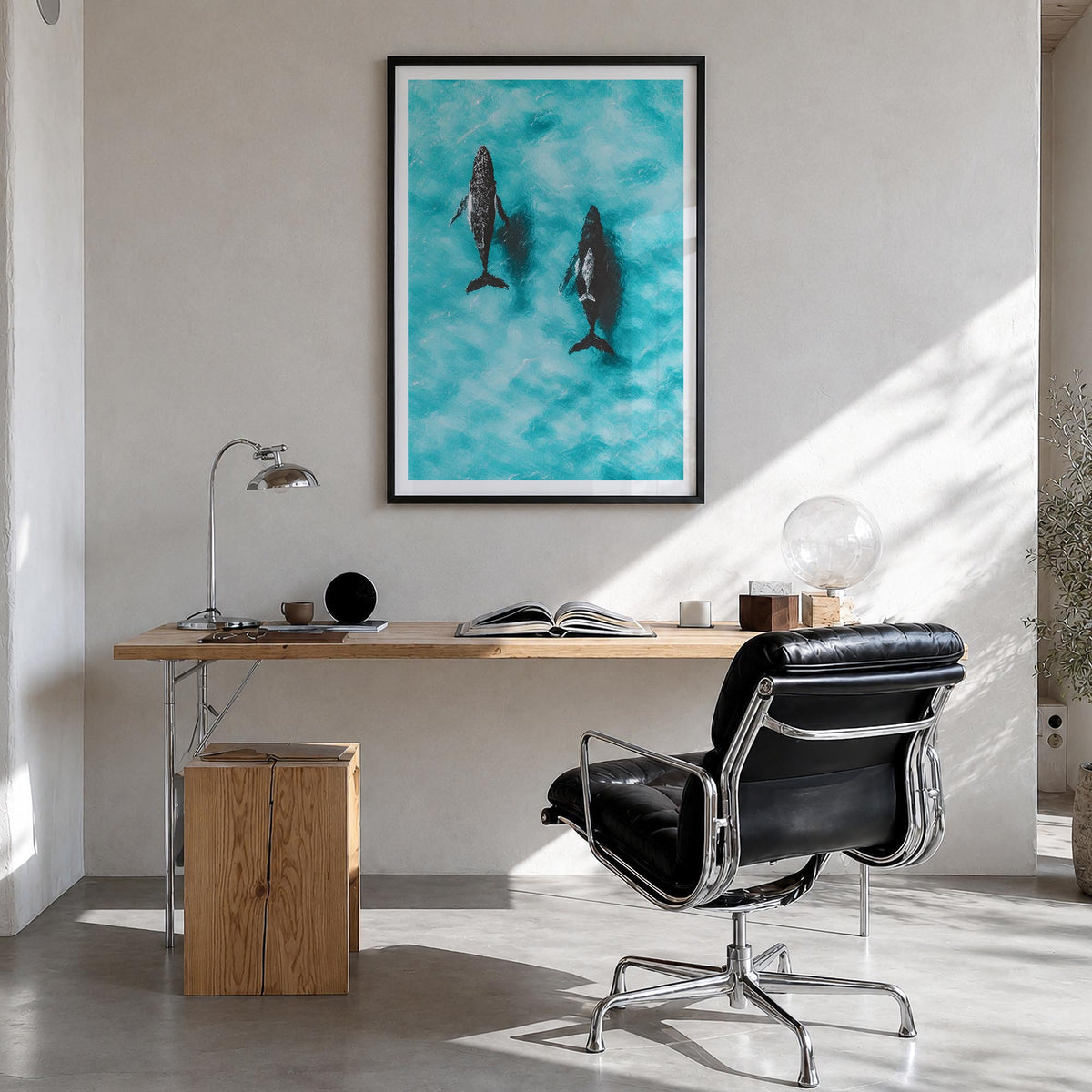 Whale no. 1 colorful photo poster – vertical wall art in black wood frame with white border, hanging on wall