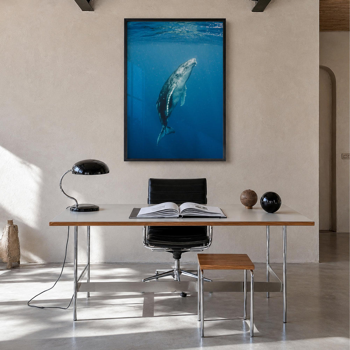 Whale no. 2 colorful photo poster – vertical wall art in black wood frame, hanging on wall
