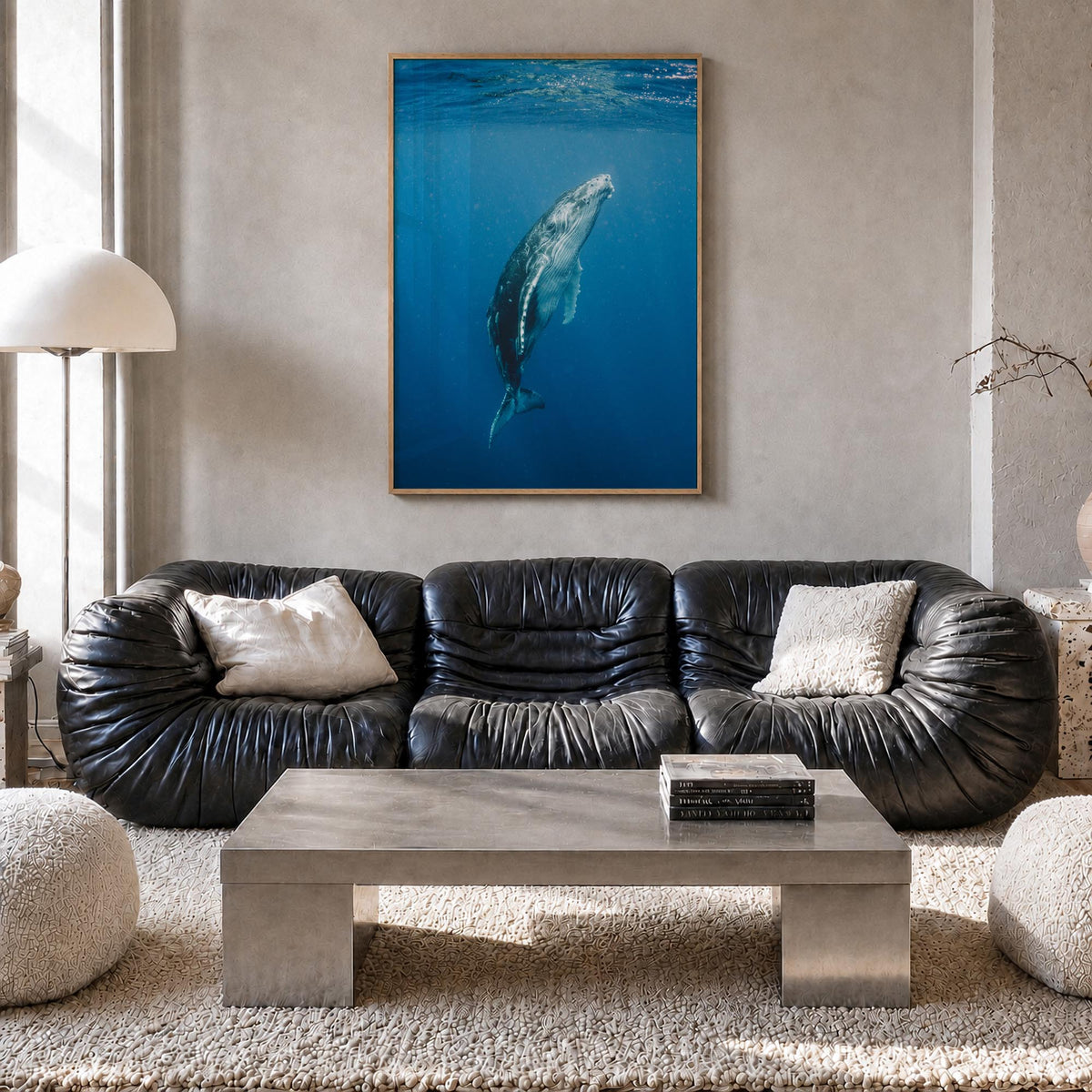 Whale no. 2 colorful photo poster – vertical wall art in natural wood frame, hanging on wall