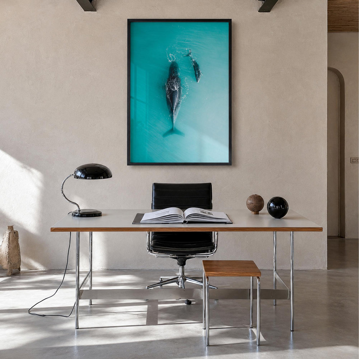 Whale no. 3 colorful photo poster – vertical wall art in black wood frame, hanging on wall
