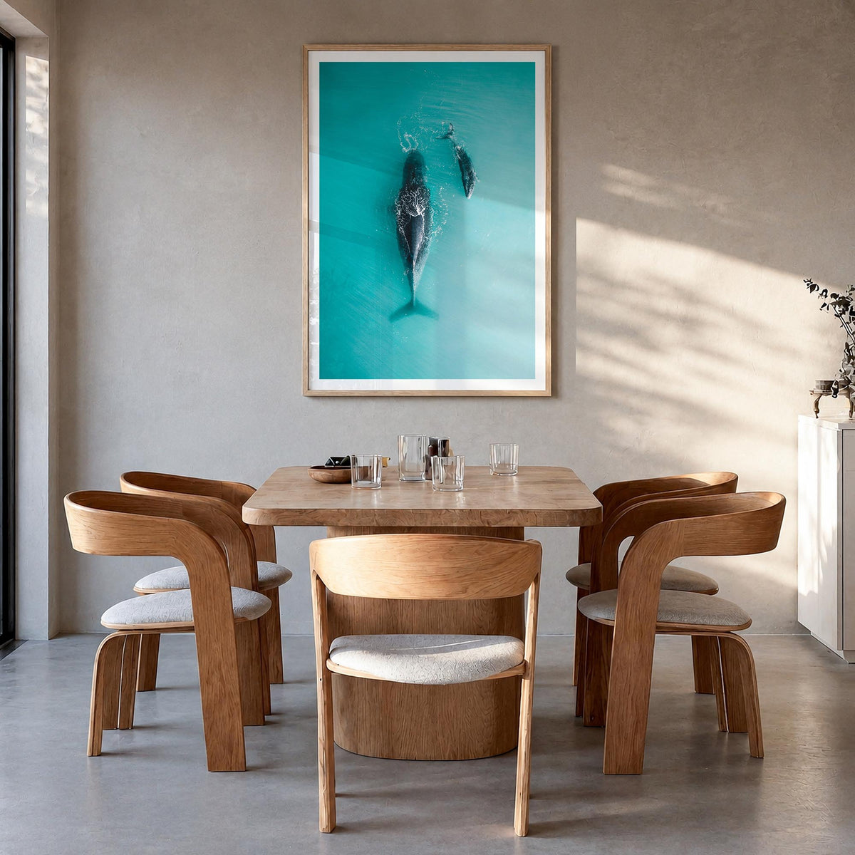 Whale no. 3 colorful photo poster – vertical wall art in natural wood frame with white border, hanging on wall