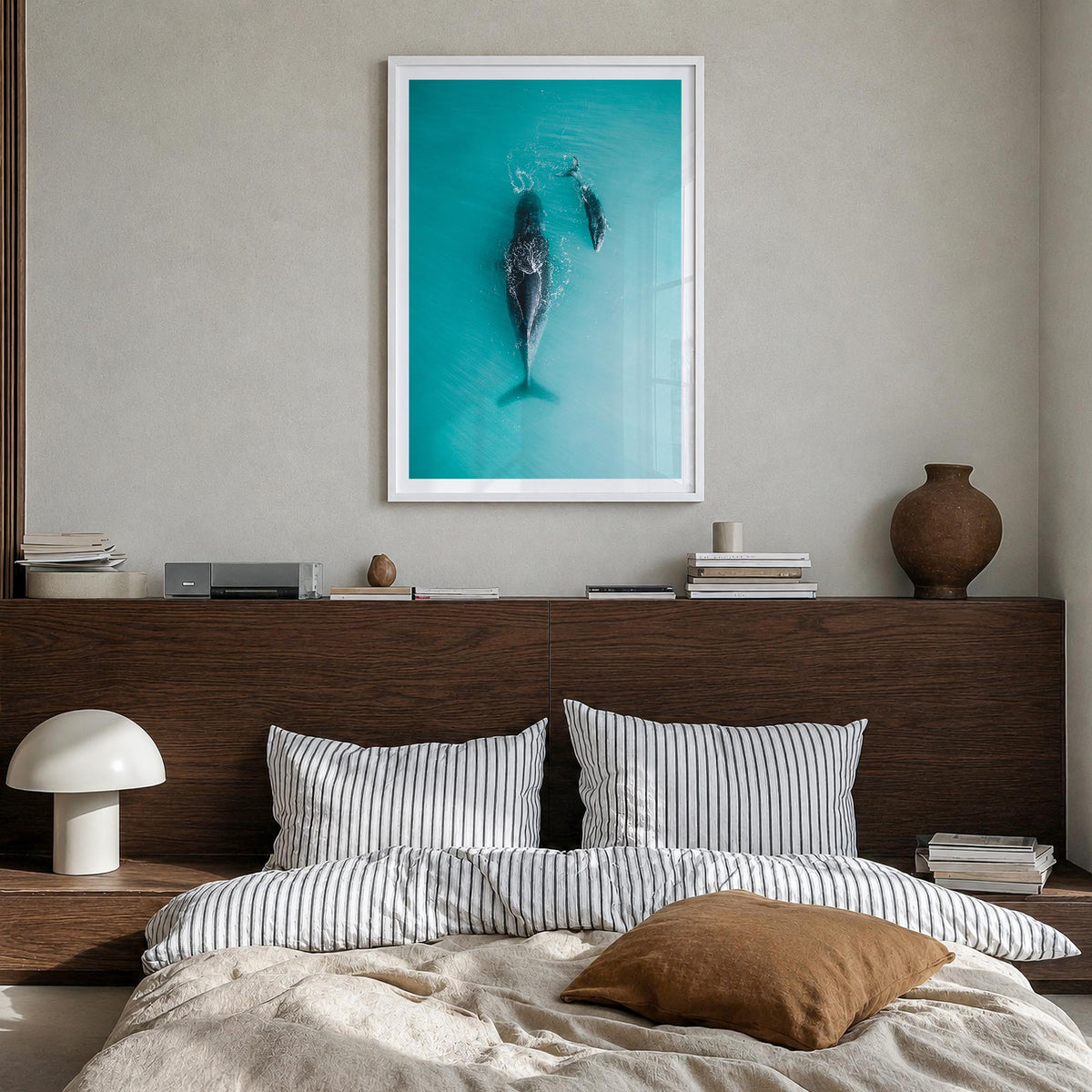 Whale no. 3 colorful photo poster – vertical wall art in white wood frame with white border, hanging on wall