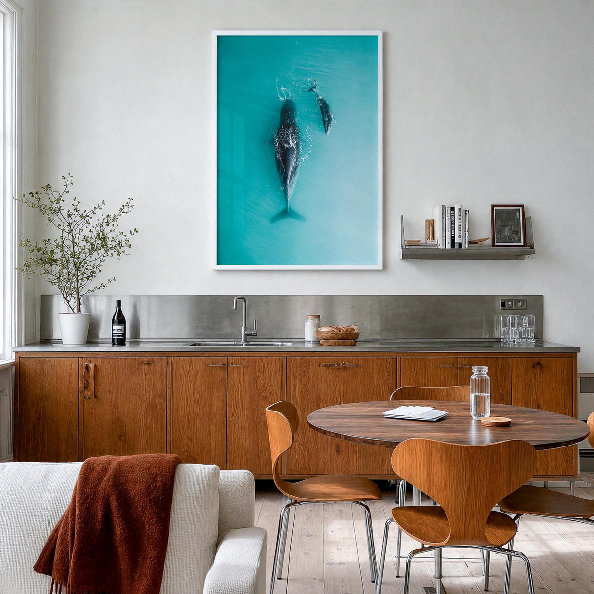 Whale no. 3 colorful photo poster – vertical wall art in white wood frame, hanging on wall