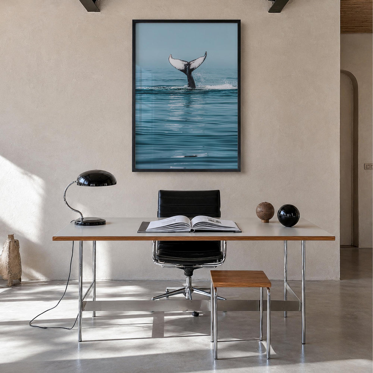 Whale no. 4 colorful photo poster – vertical wall art in black wood frame, hanging on wall