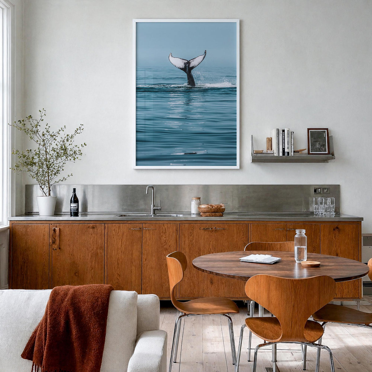 Whale no. 4 colorful photo poster – vertical wall art in white wood frame, hanging on wall