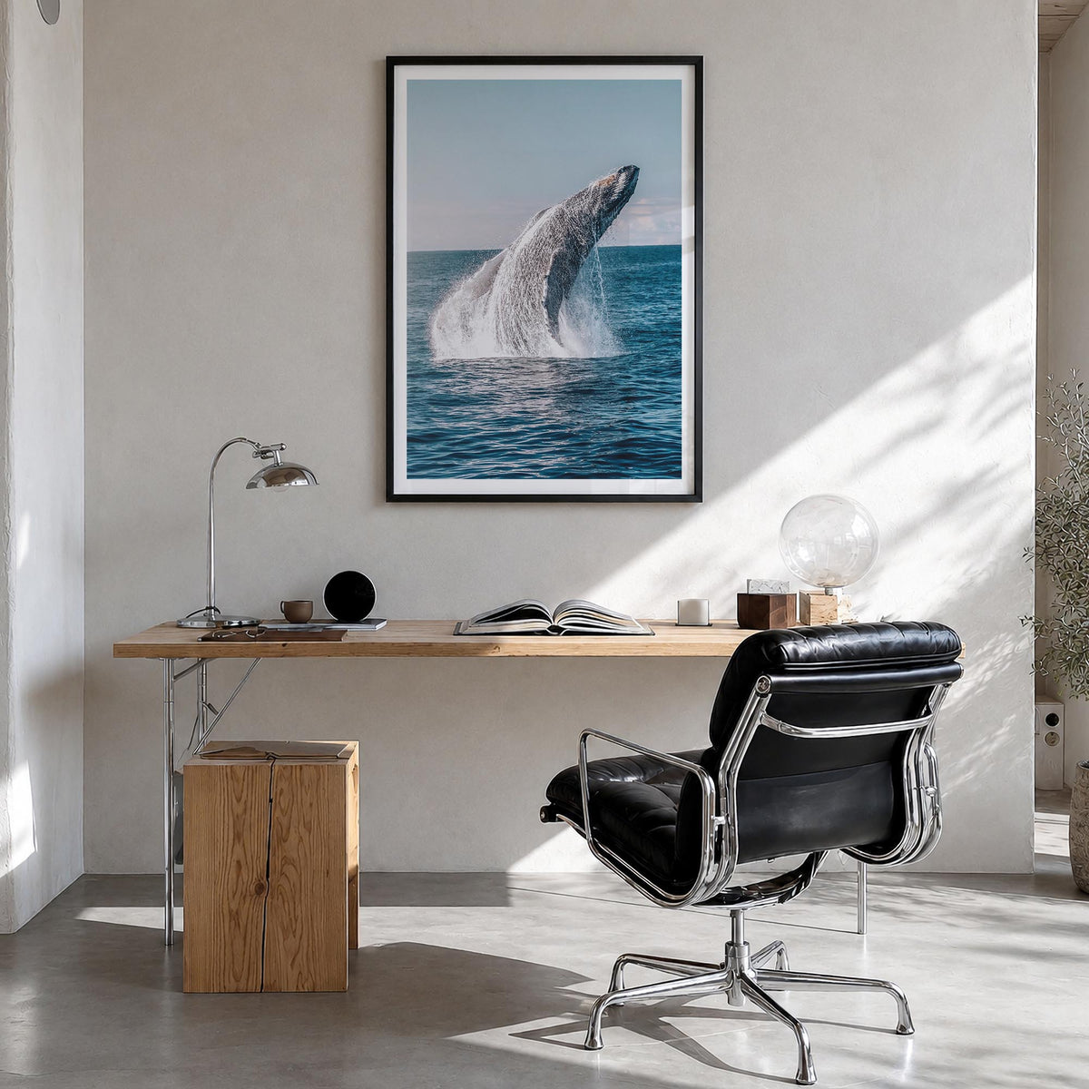 Whale no. 5 colorful photo poster – vertical wall art in black wood frame with white border, hanging on wall