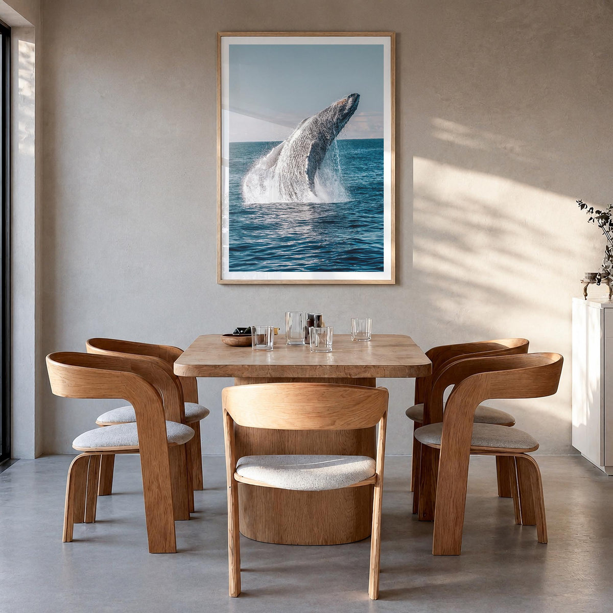 Whale no. 5 colorful photo poster – vertical wall art in natural wood frame with white border, hanging on wall