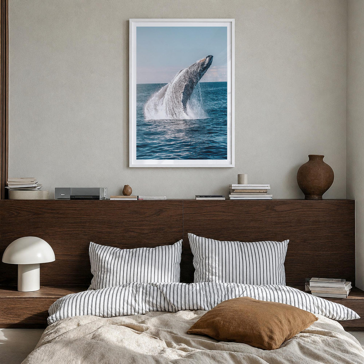 Whale no. 5 colorful photo poster – vertical wall art in white wood frame with white border, hanging on wall