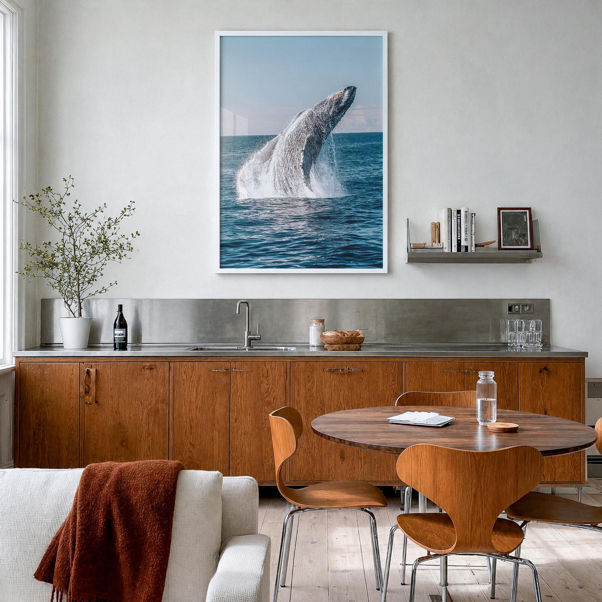 Whale no. 5 colorful photo poster – vertical wall art in white wood frame, hanging on wall