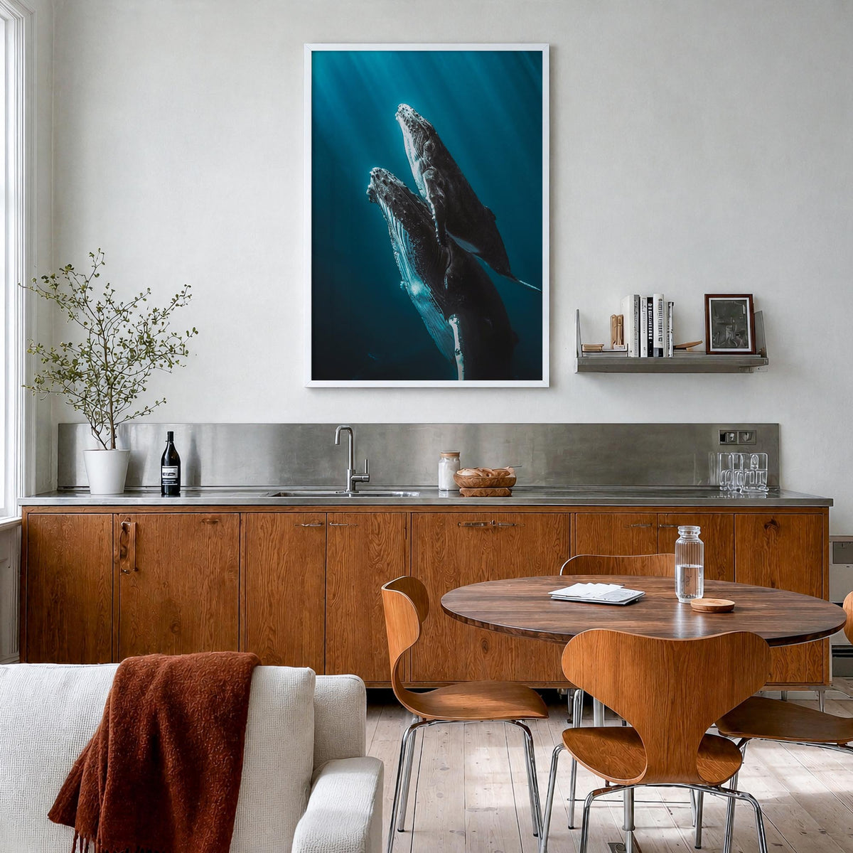Whale no. 6 colorful photo poster – vertical wall art in white wood frame, hanging on wall