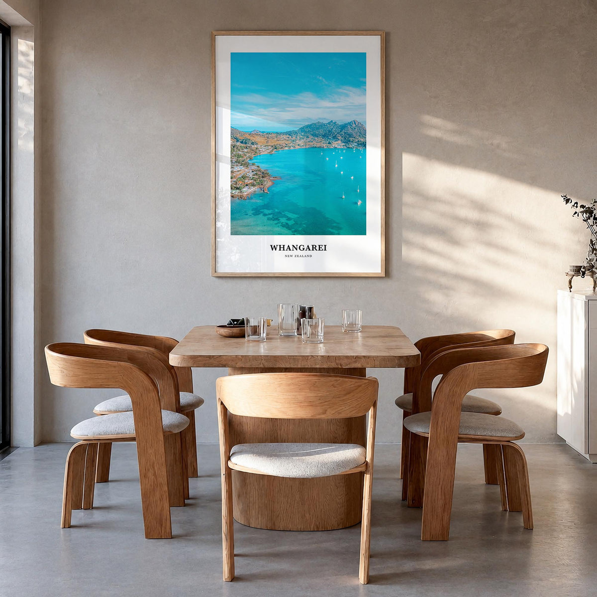 Whangarei colorful classic poster of New Zealand – vertical wall art in natural wood frame, hanging on wall
