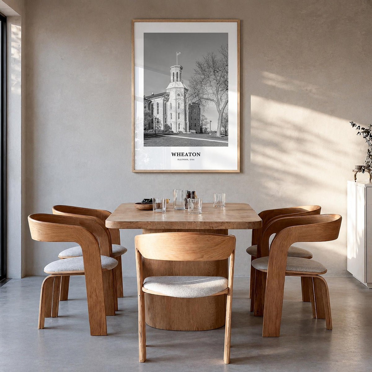 Wheaton black & white classic poster of Illinois, USA – vertical wall art in natural wood frame, hanging on wall
