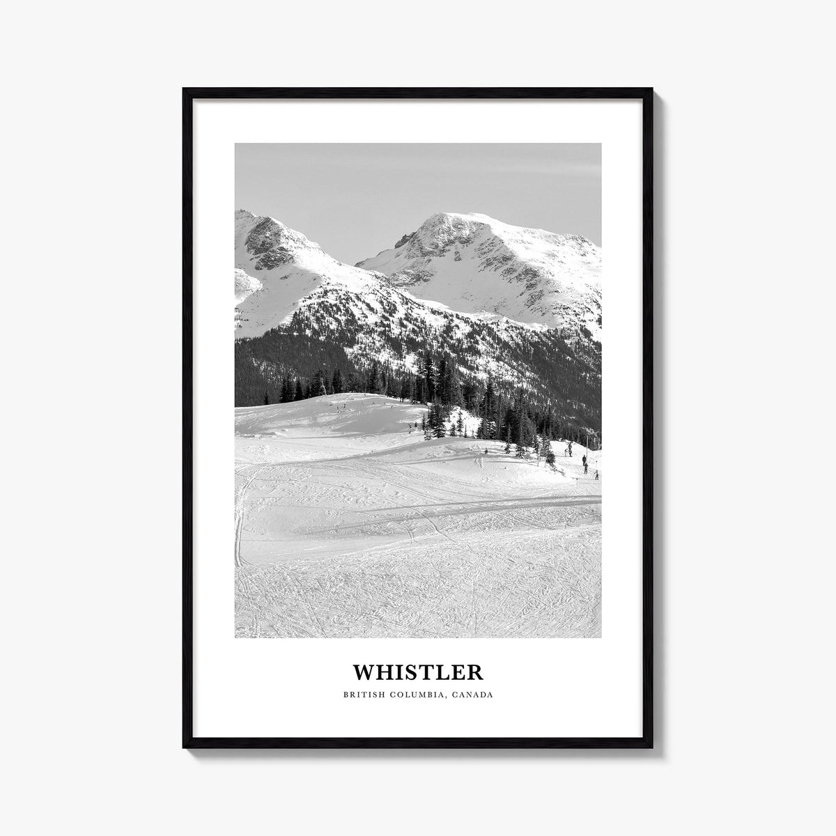 Whistler black & white classic poster of British Columbia, Canada – vertical wall art, unframed print shown in interior mocku