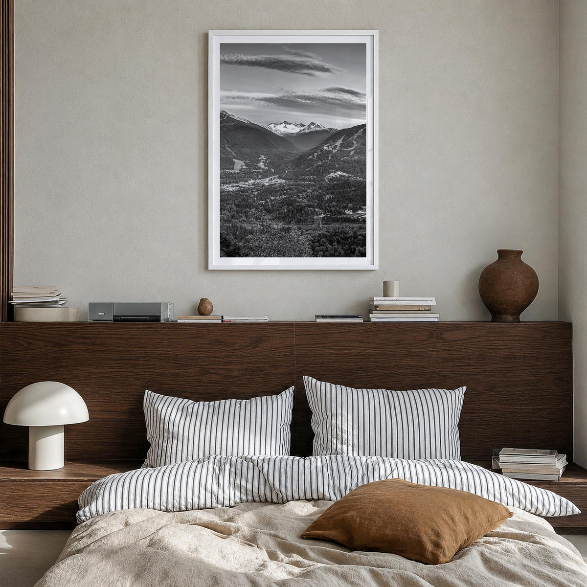 Whistler black & white photo poster of British Columbia, Canada – vertical wall art in white wood frame with white border, ha