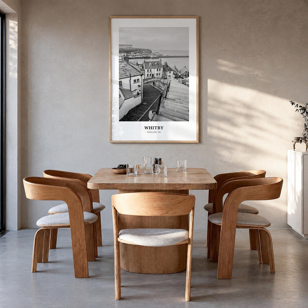 Whitby black & white classic poster of Canada – vertical wall art in natural wood frame, hanging on wall