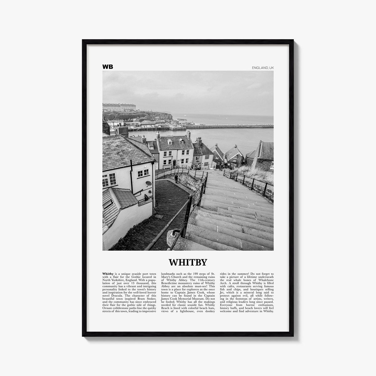 Whitby black & white newspaper poster of Canada – vertical wall art, unframed print shown in interior mockup