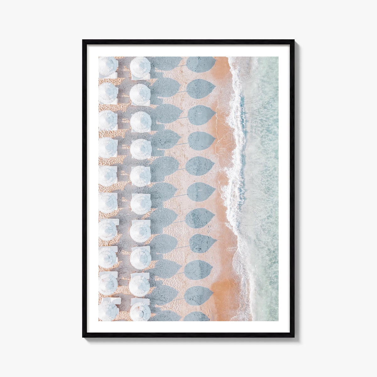 White Umbrellas colorful photo poster – vertical wall art, unframed print shown in interior mockup