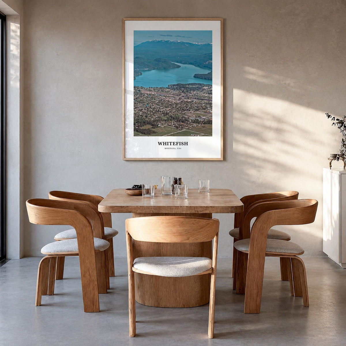 Whitefish colorful classic poster of Montana, USA – vertical wall art in natural wood frame, hanging on wall
