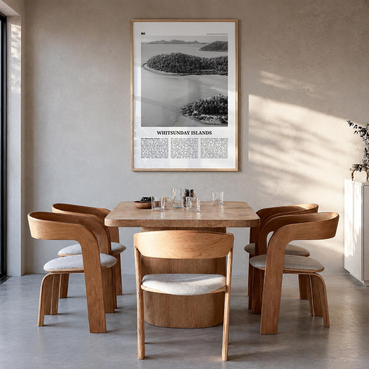 Whitsunday Islands black & white newspaper poster of Queensland, Australia – vertical wall art in natural wood frame, hanging