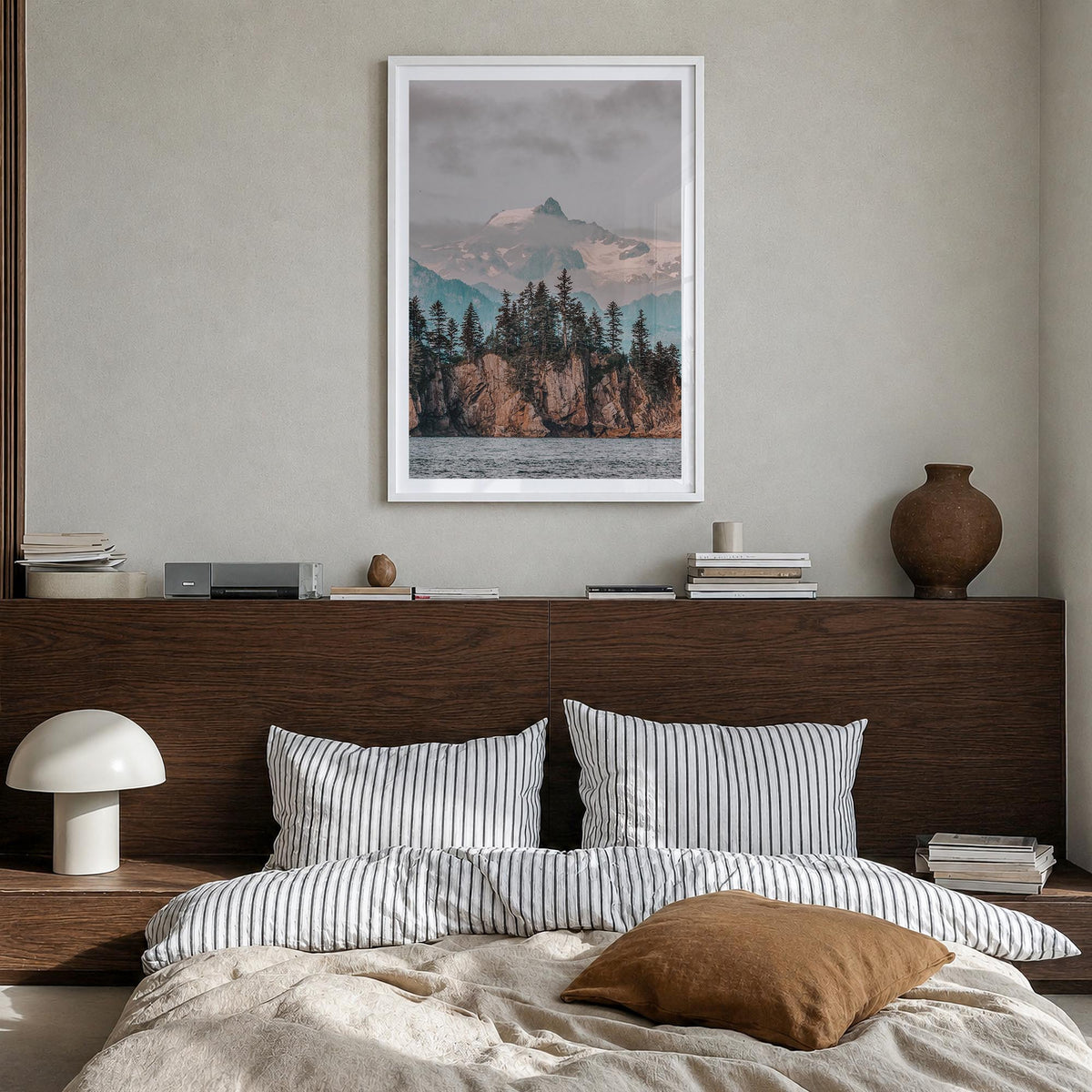 Whittier, Alaska colorful photo poster of Alaska, USA – vertical wall art in white wood frame with white border, hanging on w
