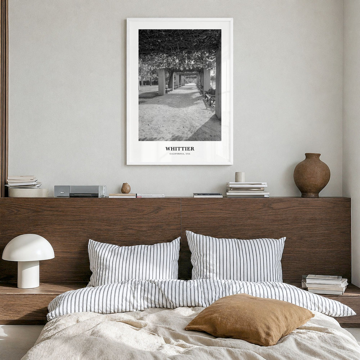 Whittier, California Classic Poster in a white wood frame, hanging in a bedroom
