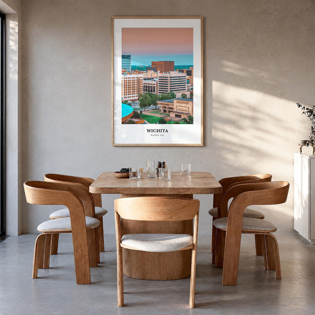 Wichita colorful classic poster of Kansas, USA – vertical wall art in natural wood frame, hanging on wall