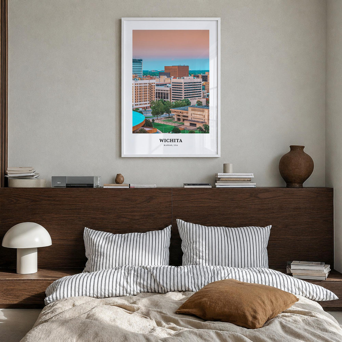 Wichita colorful classic poster of Kansas, USA – vertical wall art in white wood frame, hanging on wall