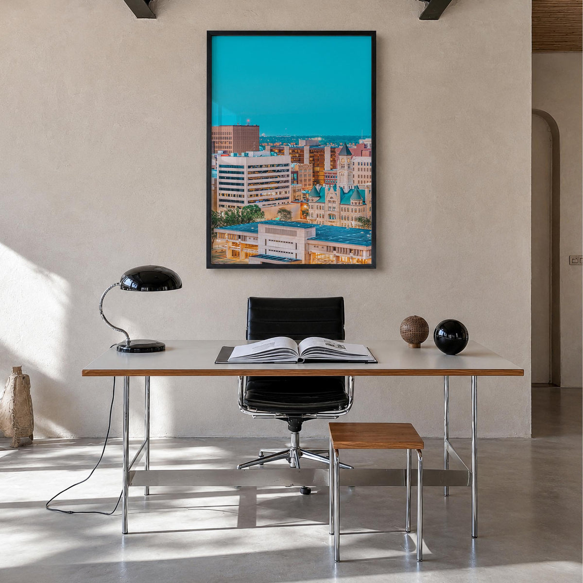 Wichita colorful photo poster of Kansas, USA – vertical wall art in black wood frame, hanging on wall