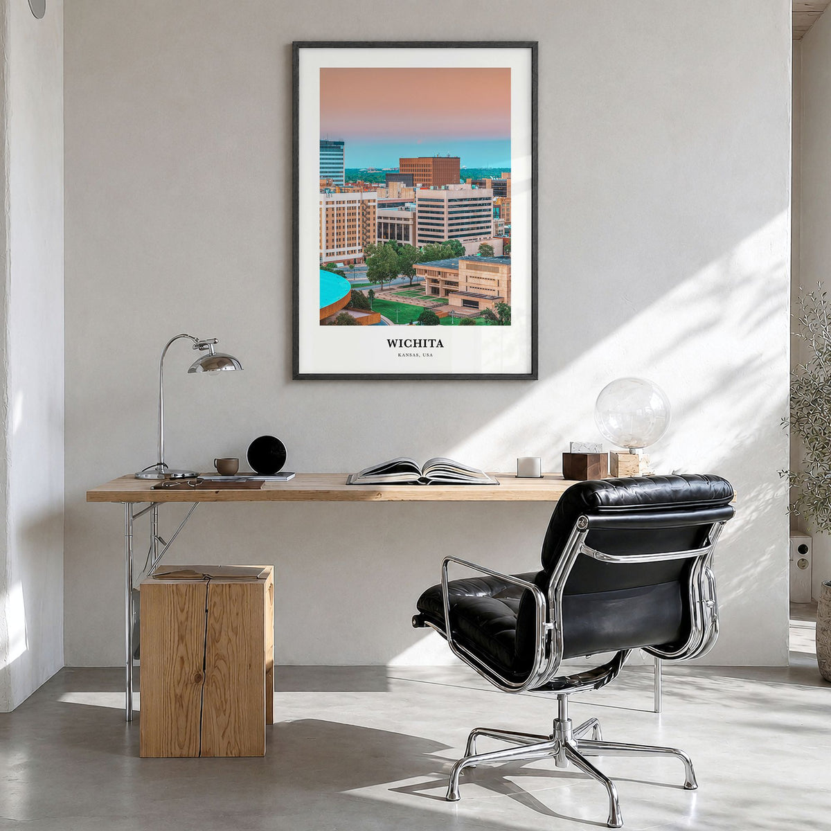 Wichita Classic Poster in a black wood frame, hanging in a bright home office