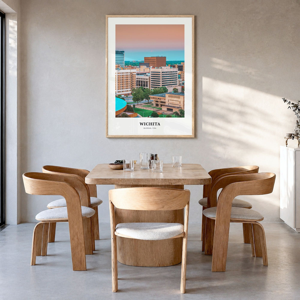 Wichita Classic Poster in a natural wood frame, hanging in a dining room