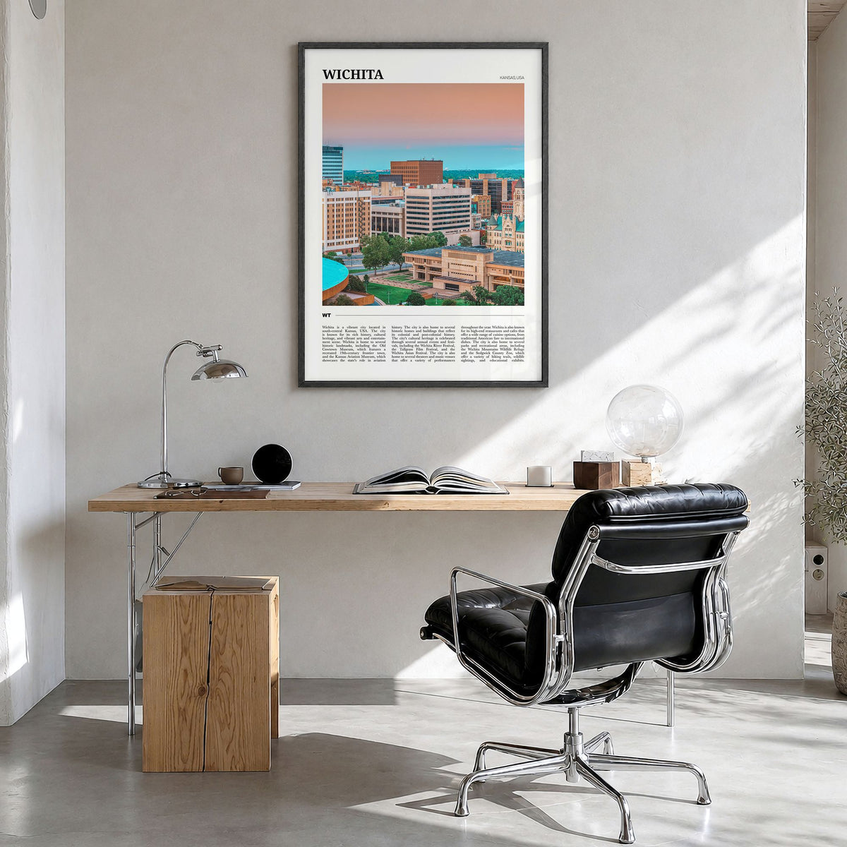 Wichita Travel Poster in a black wood frame, hanging in a bright home office