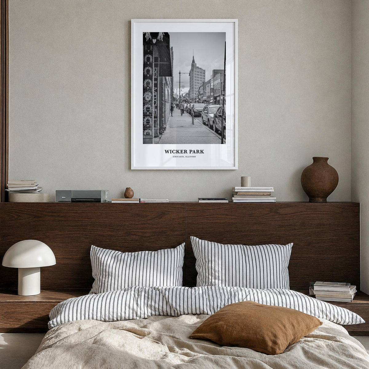 Wicker Park black & white classic poster of Chicago, Illinois – vertical wall art in white wood frame, hanging on wall