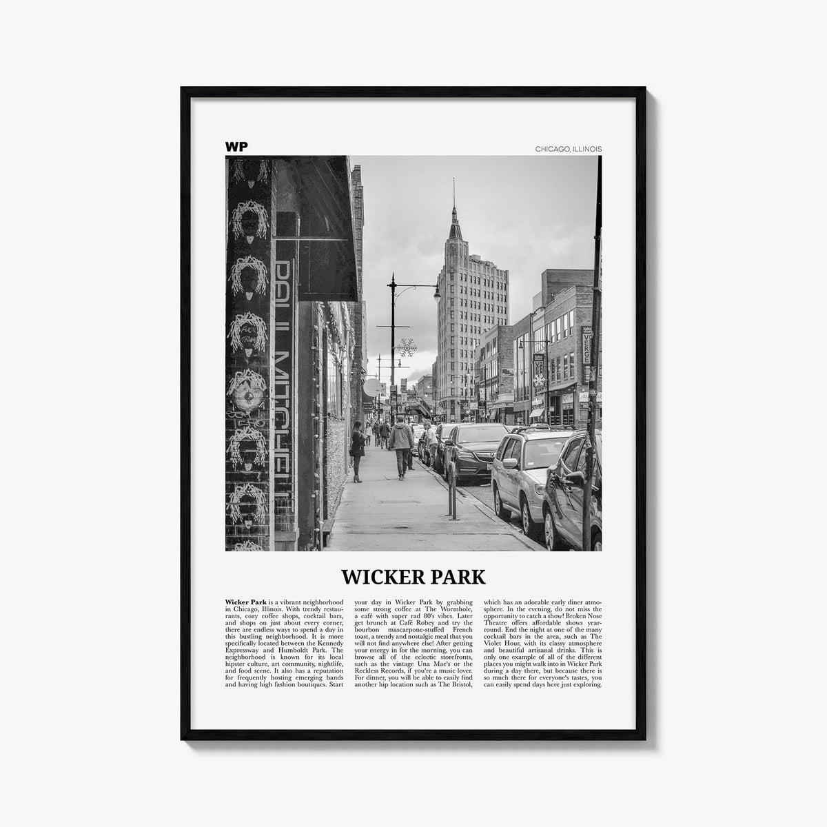 Wicker Park black & white newspaper poster of Chicago, Illinois – vertical wall art, unframed print shown in interior mockup