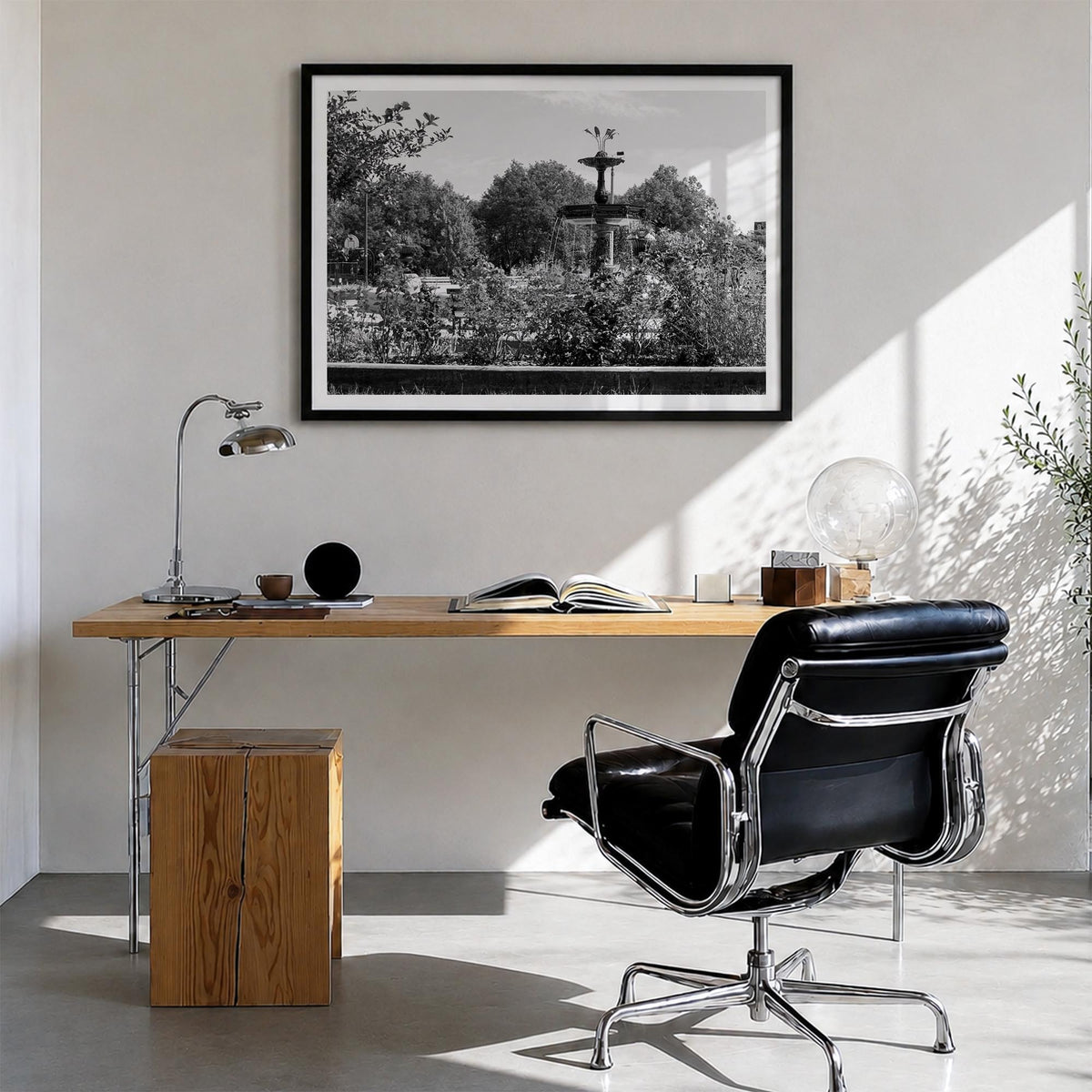 Wicker Park black & white photo poster of Chicago, Illinois – horizontal wall art in black wood frame with white border, hang