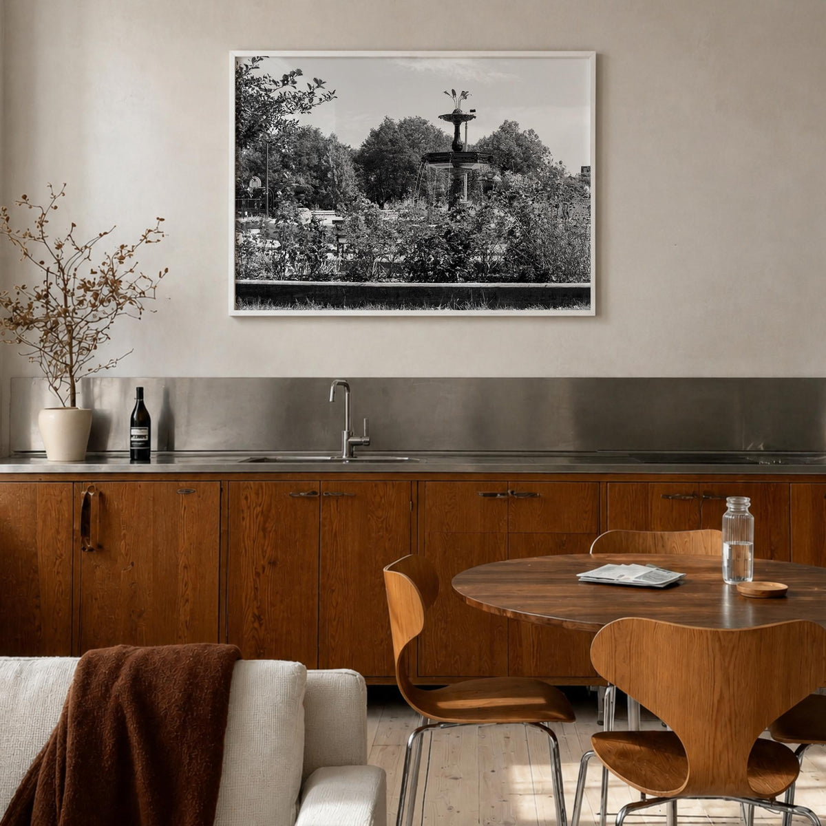Wicker Park black & white photo poster of Chicago, Illinois – horizontal wall art in white wood frame, hanging on wall