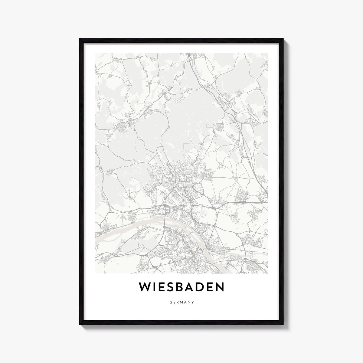 Wiesbaden black & white map poster of Germany – vertical wall art, unframed print shown in interior mockup
